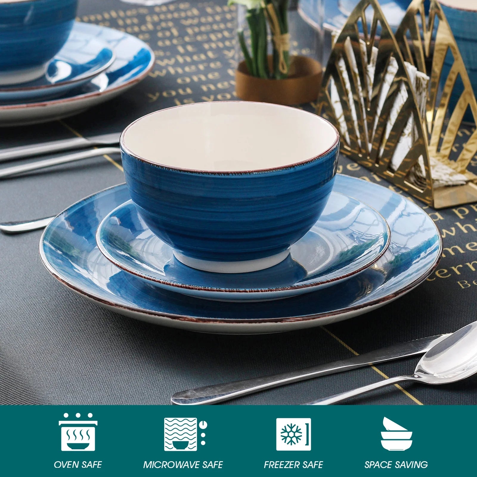 , Series Bella, 32 Piece Stoneware Dinnerware Set, Blue Dinner Set, Service for 8