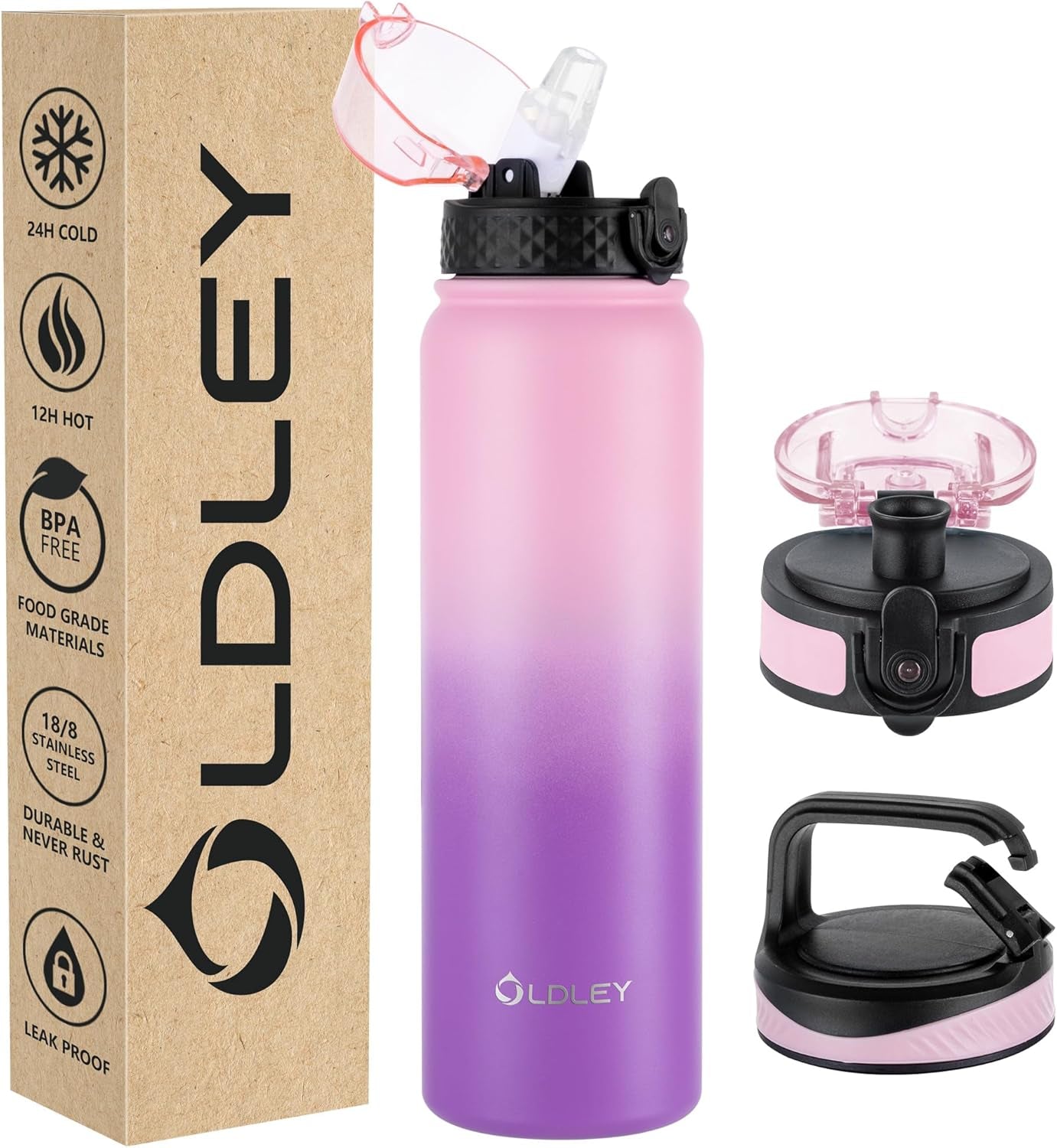 Insulated Water Bottle 12Oz Water Bottles with Straw, Stainless Steel Water Bottle with 2 Lids, Double Wall Vacuum Bottels for Adults Kids, Leak-Proof Sport Bottles for School Travel, Black