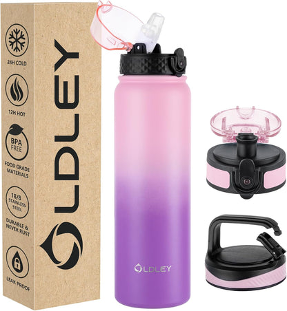 Insulated Water Bottle 12Oz Water Bottles with Straw, Stainless Steel Water Bottle with 2 Lids, Double Wall Vacuum Bottels for Adults Kids, Leak-Proof Sport Bottles for School Travel, Black