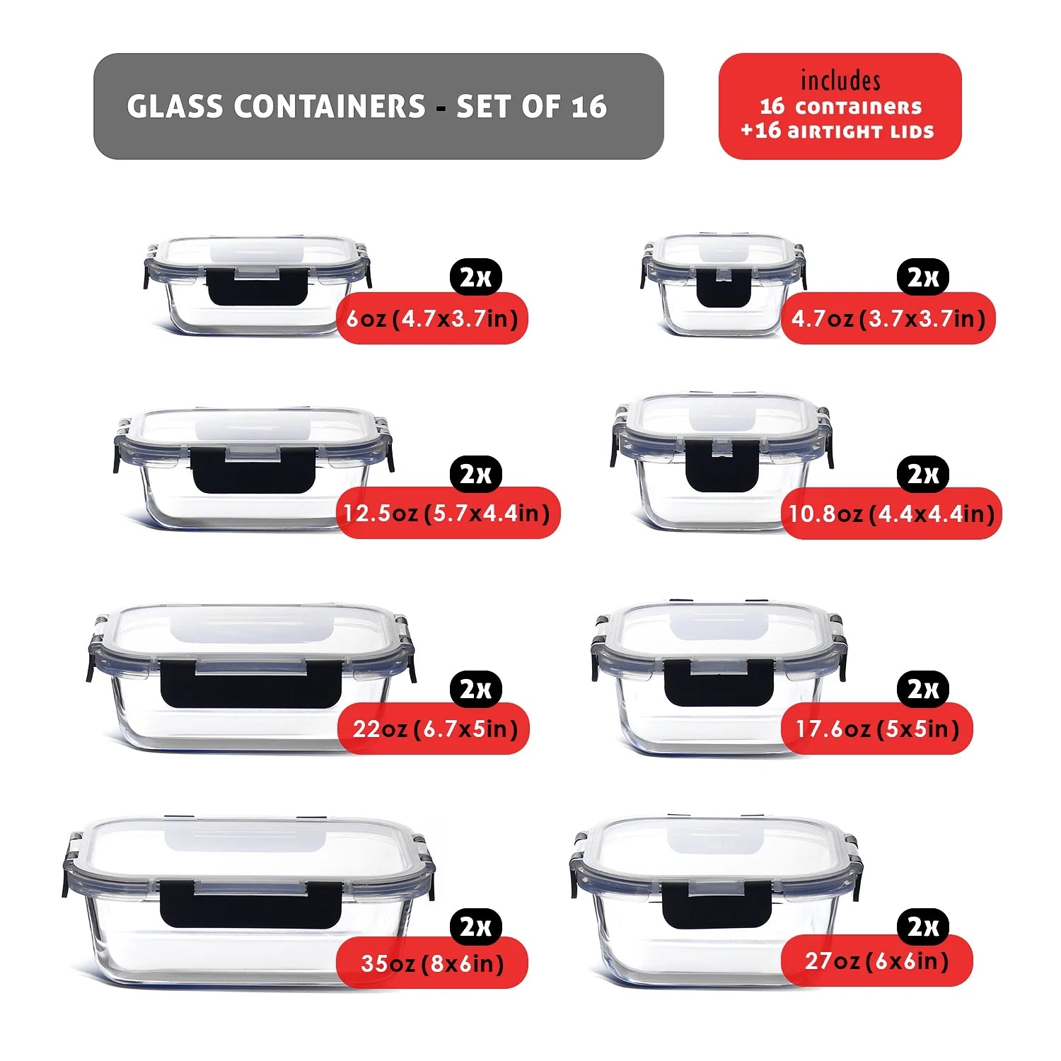 32Pc Glass Food Storage Containers with Lids, Airtight Glass Meal Prep Containers, Oven, Microwave & Freezer Safe Glass Storage Containers