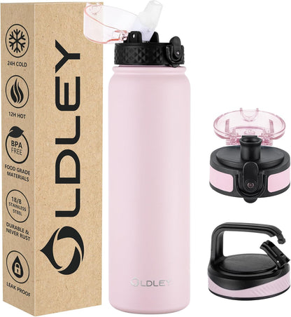 Insulated Water Bottle 12Oz Water Bottles with Straw, Stainless Steel Water Bottle with 2 Lids, Double Wall Vacuum Bottels for Adults Kids, Leak-Proof Sport Bottles for School Travel, Black