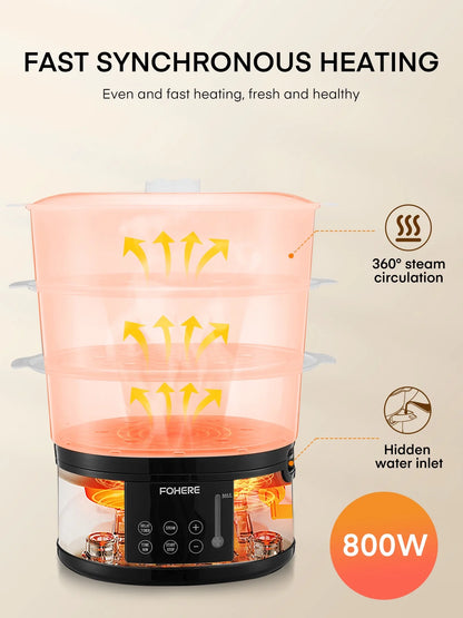 13QT Electric Cooking Steamer, with Delay Timer, 3-Tier Vegetable or Meat Food Steamer, 800W Fast Cooking