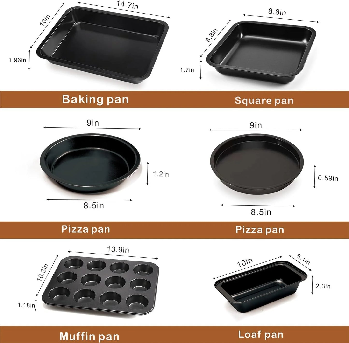 6 Pieces Bakeware Sets, Baking Pans Set, Nonstick Oven Pan for Kitchen with Wider Grips with Square Cake Pan, Loaf Pan, Muffin Pan, Cookie Sheet, 2 Pizza Pans