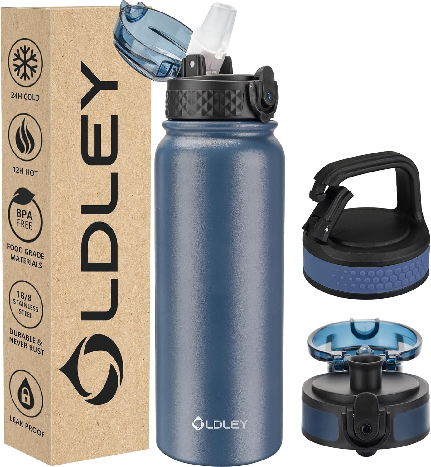 Insulated Water Bottle 12Oz Water Bottles with Straw, Stainless Steel Water Bottle with 2 Lids, Double Wall Vacuum Bottels for Adults Kids, Leak-Proof Sport Bottles for School Travel, Black
