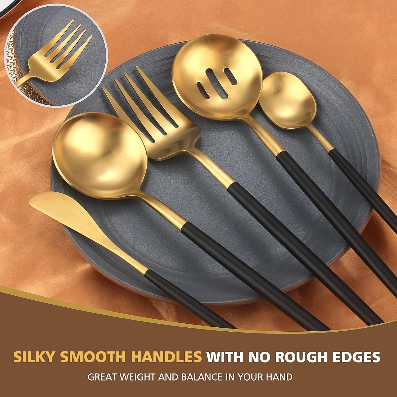 Serving Utensils,Matte Black Gold Kitchen Utensils Set,5 PCS Stainless Steel Serving Utensils Set Include Serving Fork,Slotted Spoon,Serving Spoon,Butter Knife,Sugar Spoon,Dishwasher Safe