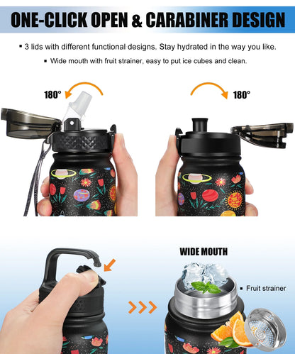 Insulated 20Oz Stainless Steel Water Bottles with 3 Lids & Straw