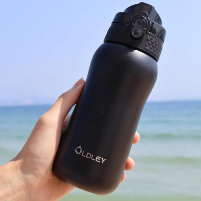 Insulated Water Bottle 12Oz Water Bottles with Straw, Stainless Steel Water Bottle with 2 Lids, Double Wall Vacuum Bottels for Adults Kids, Leak-Proof Sport Bottles for School Travel, Black