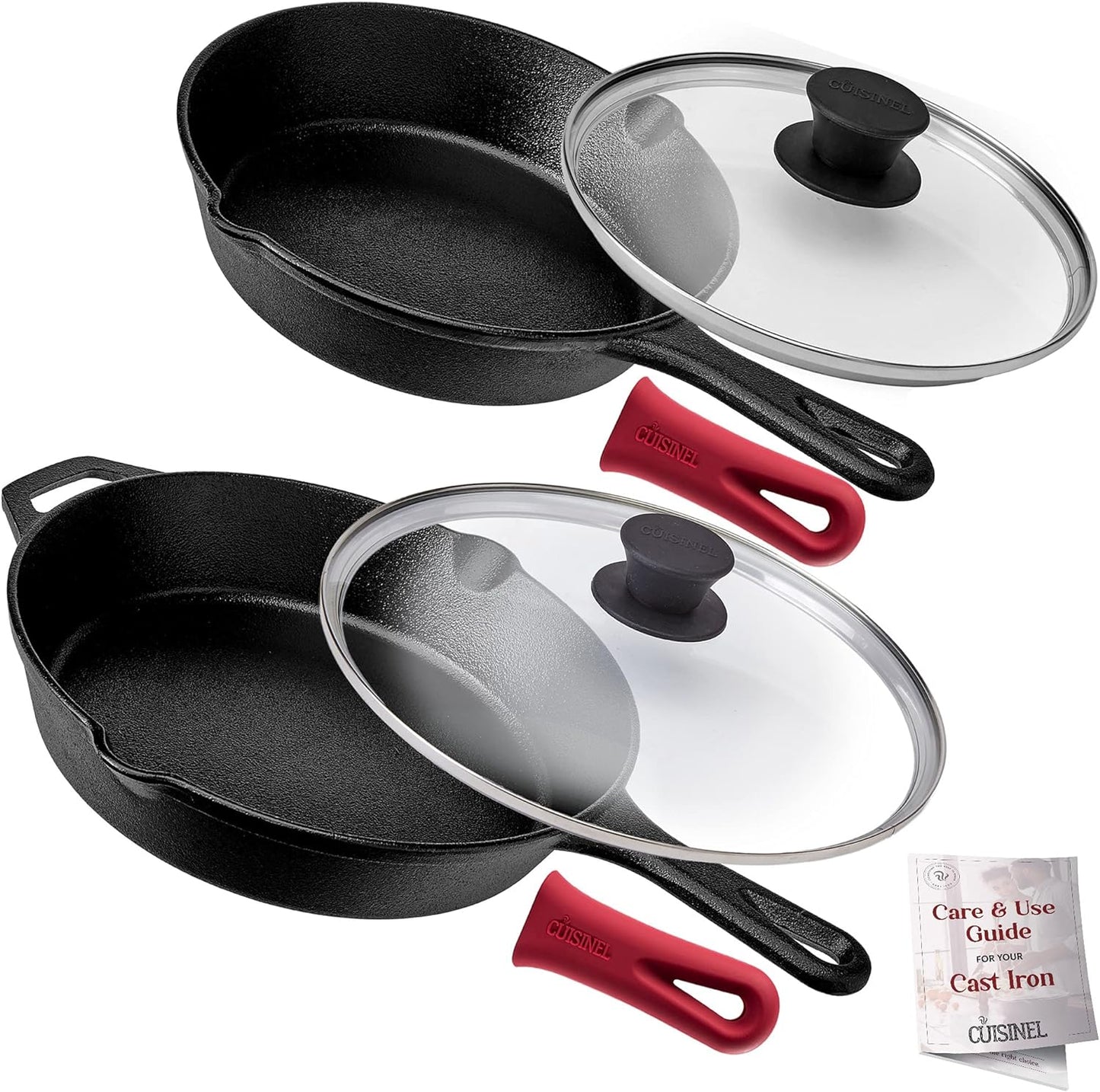 Cast Iron Skillet Set - 10" + 12" Frying Pan + Glass Lids + 2 Handle Cover Grips - Pre-Seasoned Oven Cookware - Indoor/Outdoor Use - Grill, Stovetop, Induction, BBQ, Camping, Fire Use