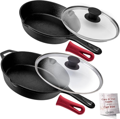 Cast Iron Skillet Set - 10" + 12" Frying Pan + Glass Lids + 2 Handle Cover Grips - Pre-Seasoned Oven Cookware - Indoor/Outdoor Use - Grill, Stovetop, Induction, BBQ, Camping, Fire Use