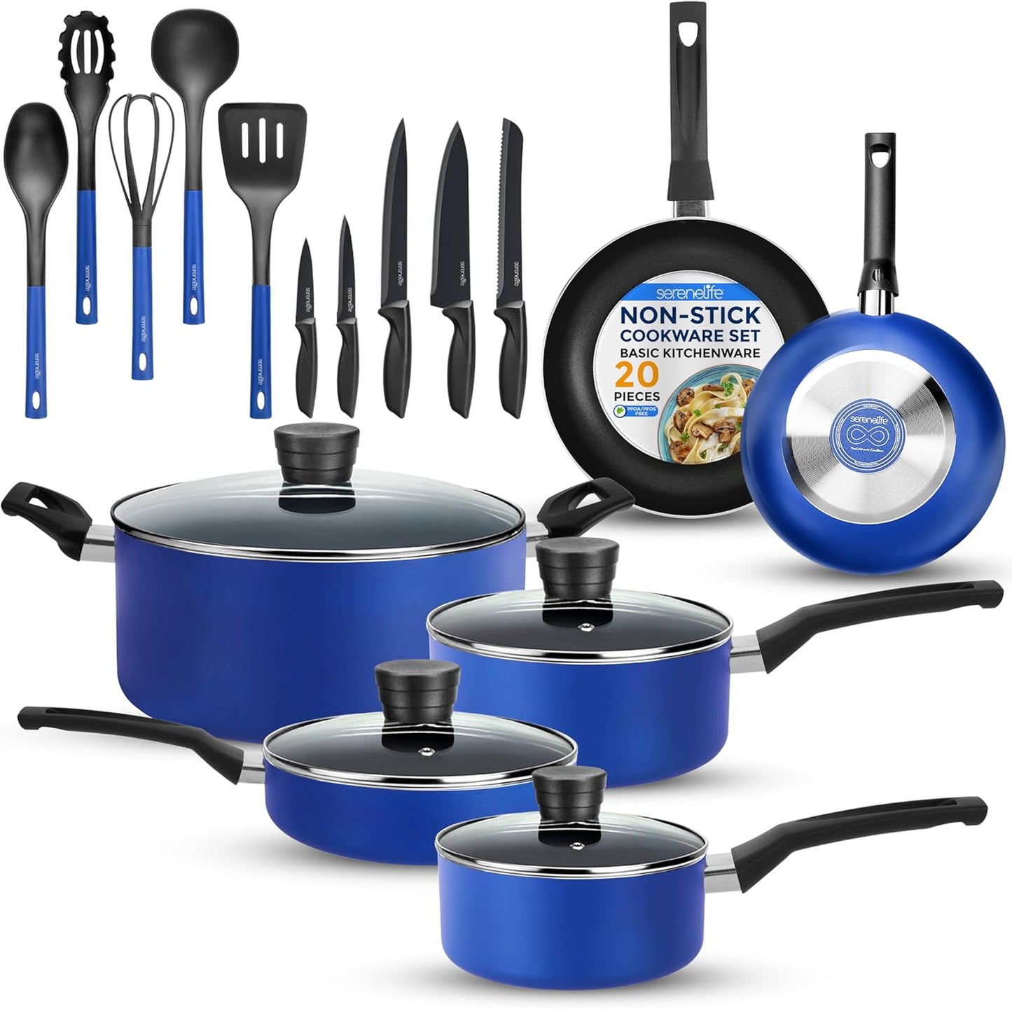 20-Piece Blue Cookware and Knives Set - Includes Multi-Sized Nonstick Pots and Pans with Lids and Utensils, Heat Resistant, Dishwasher Safe