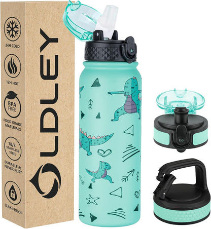 Insulated Water Bottle 12Oz Water Bottles with Straw, Stainless Steel Water Bottle with 2 Lids, Double Wall Vacuum Bottels for Adults Kids, Leak-Proof Sport Bottles for School Travel, Black