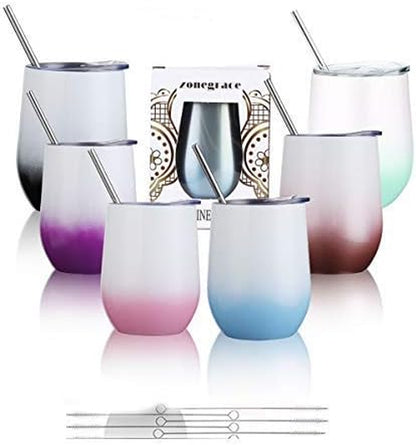 6 Pack 12 Oz Stainless Steel Stemless Wine Glass Tumbler Double Wall Vacuum Insulated Bulk Wine Tumbler with Lids Set of 6,Gift Pack for Coffee, Wine, Cocktails, Ice Cream (6_Mix_Color3)