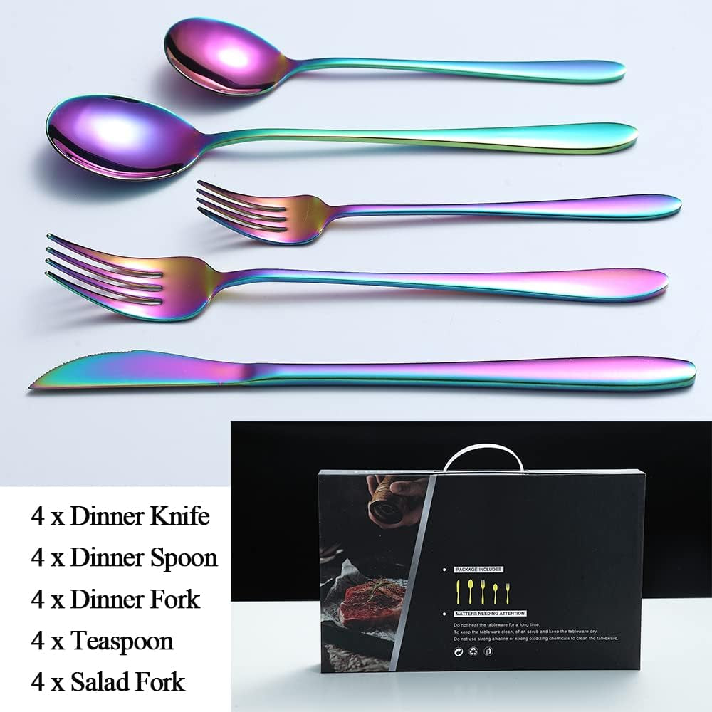20 Piece Rainbow Silverware Set Service for 4, 18/10 Multicolor Stainless Steel Flatware Cutlery Set Eating Utensils Set for Home Kitchen Restaurant, Mirror Polished, Dishwasher Safe