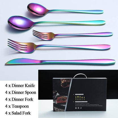 20 Piece Rainbow Silverware Set Service for 4, 18/10 Multicolor Stainless Steel Flatware Cutlery Set Eating Utensils Set for Home Kitchen Restaurant, Mirror Polished, Dishwasher Safe