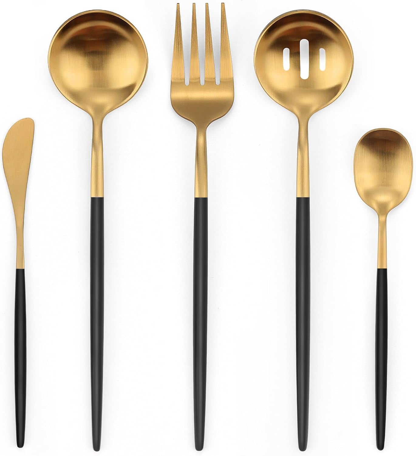 Serving Utensils,Matte Black Gold Kitchen Utensils Set,5 PCS Stainless Steel Serving Utensils Set Include Serving Fork,Slotted Spoon,Serving Spoon,Butter Knife,Sugar Spoon,Dishwasher Safe
