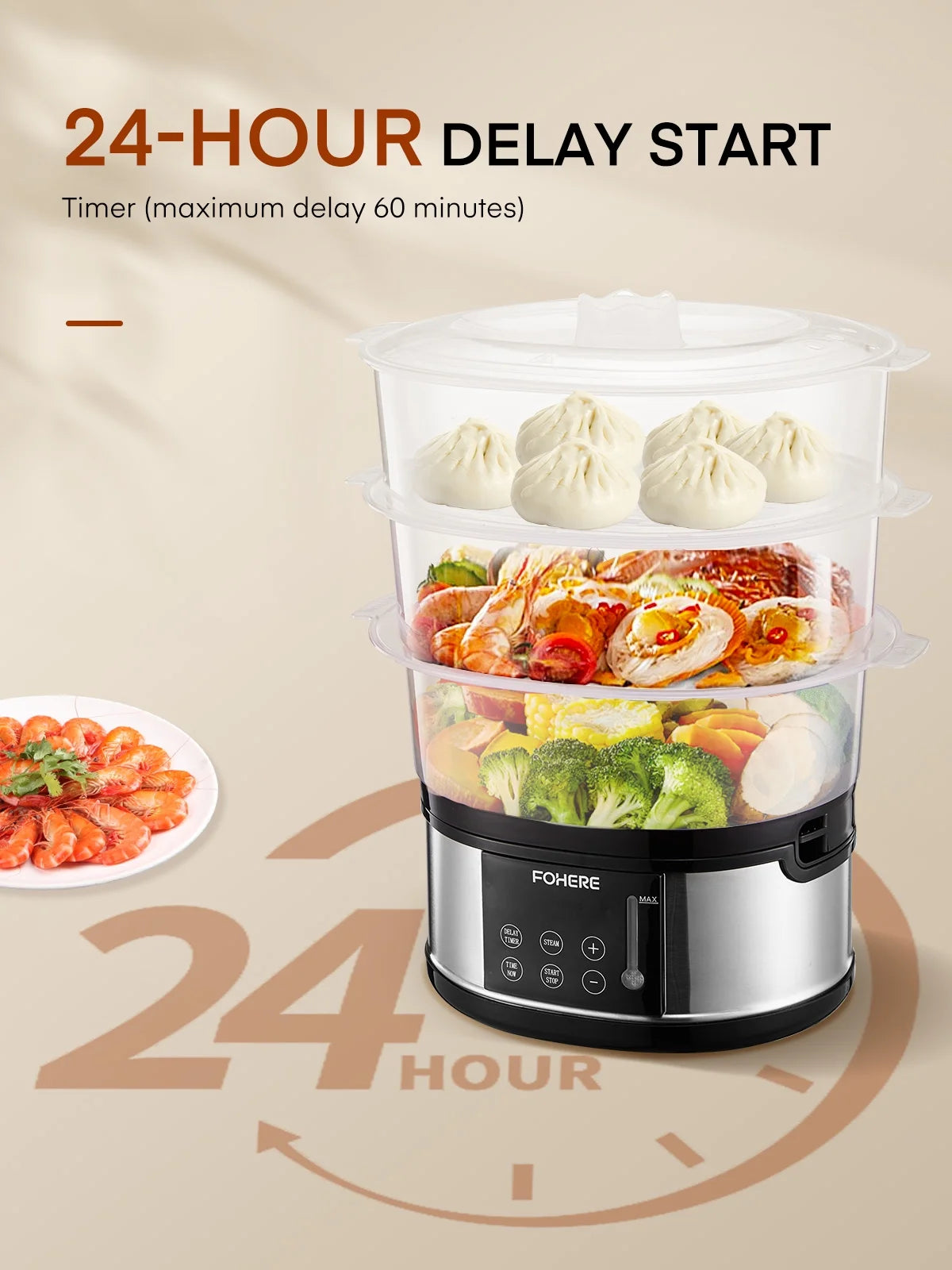 13QT Electric Cooking Steamer, with Delay Timer, 3-Tier Vegetable or Meat Food Steamer, 800W Fast Cooking