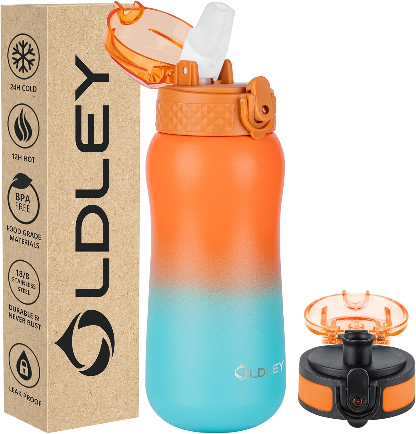 Insulated Water Bottle 12Oz Water Bottles with Straw, Stainless Steel Water Bottle with 2 Lids, Double Wall Vacuum Bottels for Adults Kids, Leak-Proof Sport Bottles for School Travel, Black