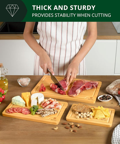 Wooden Cutting Boards for Kitchen Meal Prep & Serving - Bamboo Wood Serving Board Set with Deep Juice Groove Side Handles - Charcuterie & Chopping Butcher Block for Meat