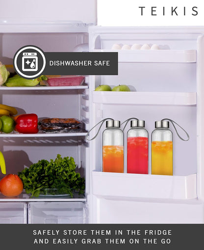 Glass Water Bottles 6 Pack - 18 Oz Clear Glass Bottles with Caps and Nylon Protective Sleeves - Glass Juice Bottles for Juicing - Reusable Glass Bottle for Water, Smoothie, Beverage