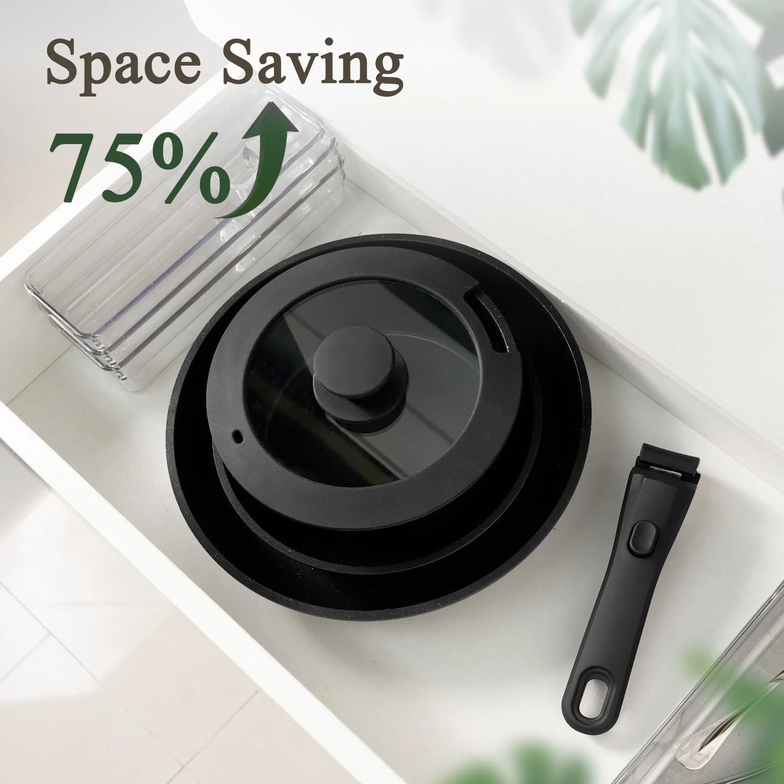 Pots and Pans Set, 6 Pcs Nonstick Pots and Pans with Removable Handle, Space-Saving Cookware Set for RV & Camping, Dishwasher and Oven Safe, Black