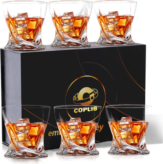 Whiskey Glasses Set of 6, Old Fashioned Glasses with Luxury Box, Premium 11 OZ Crystal Glasses for Whiskey Lovers, Rocks Glasses for Bourbon, Scotch, Cocktail, Liquor, and Rum Drinks - Twist