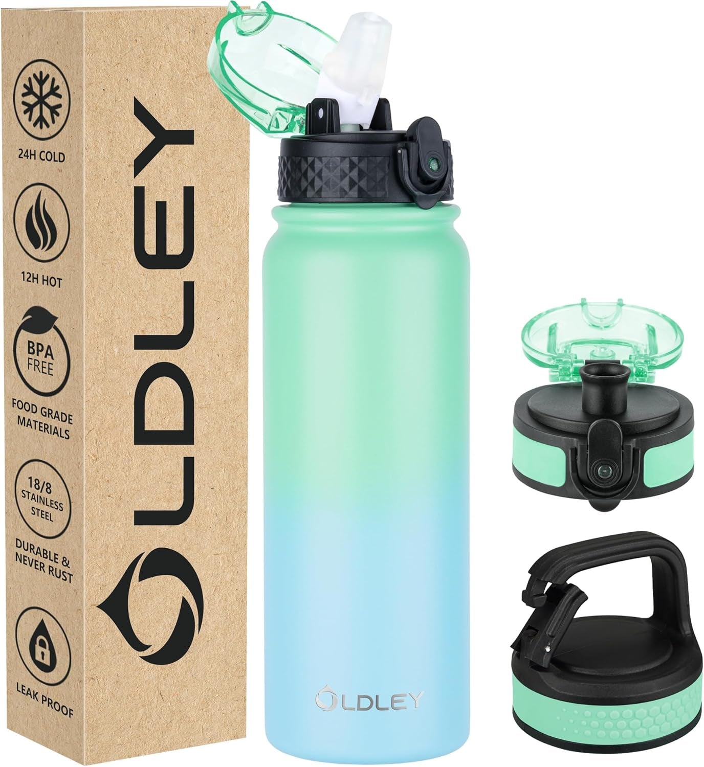 Insulated Water Bottle 12Oz Water Bottles with Straw, Stainless Steel Water Bottle with 2 Lids, Double Wall Vacuum Bottels for Adults Kids, Leak-Proof Sport Bottles for School Travel, Black