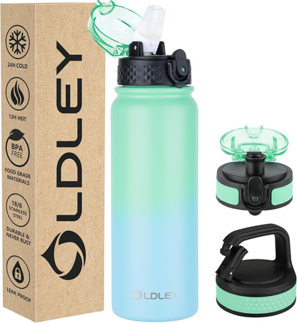 Insulated Water Bottle 12Oz Water Bottles with Straw, Stainless Steel Water Bottle with 2 Lids, Double Wall Vacuum Bottels for Adults Kids, Leak-Proof Sport Bottles for School Travel, Black