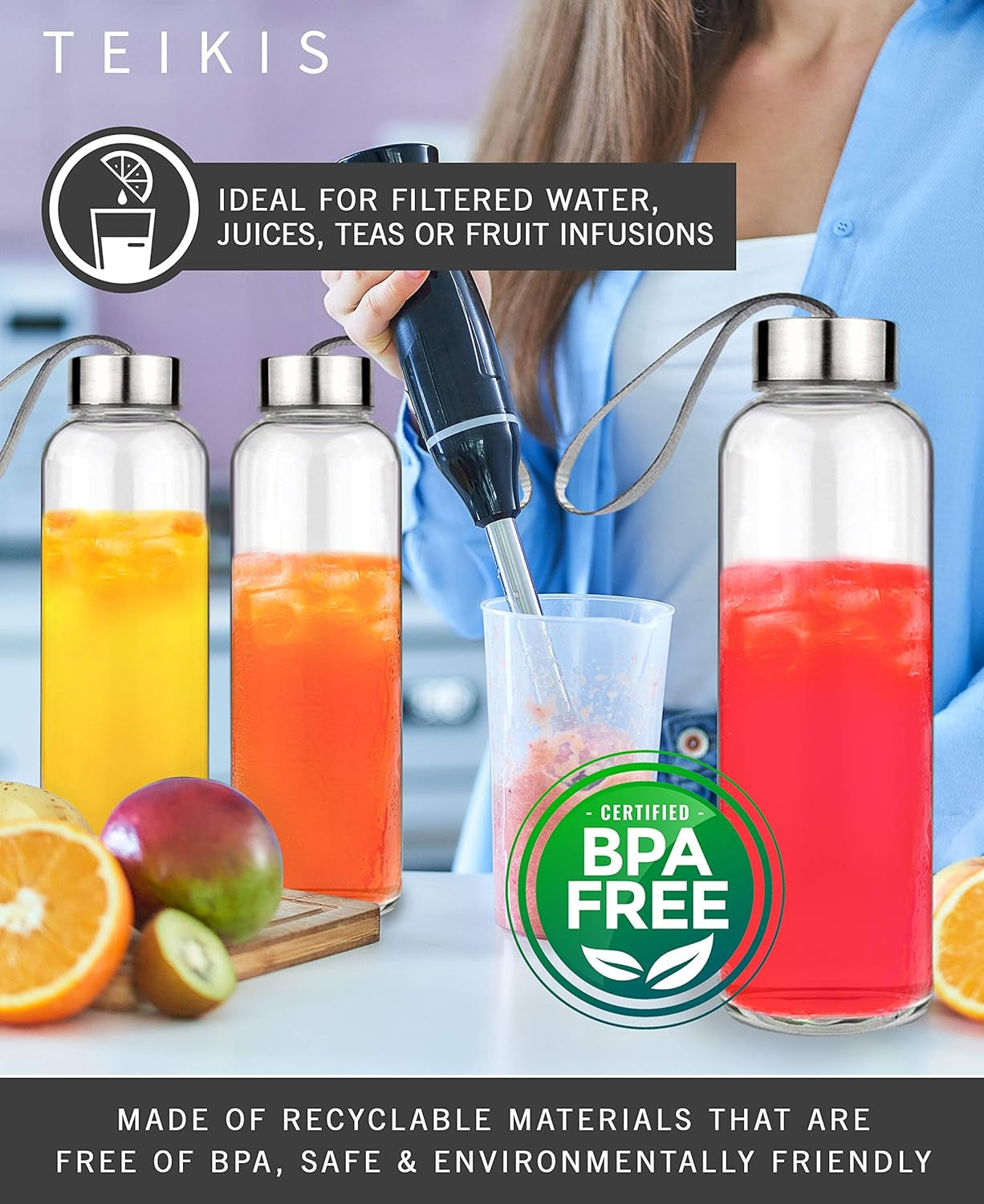 Glass Water Bottles 6 Pack - 18 Oz Clear Glass Bottles with Caps and Nylon Protective Sleeves - Glass Juice Bottles for Juicing - Reusable Glass Bottle for Water, Smoothie, Beverage