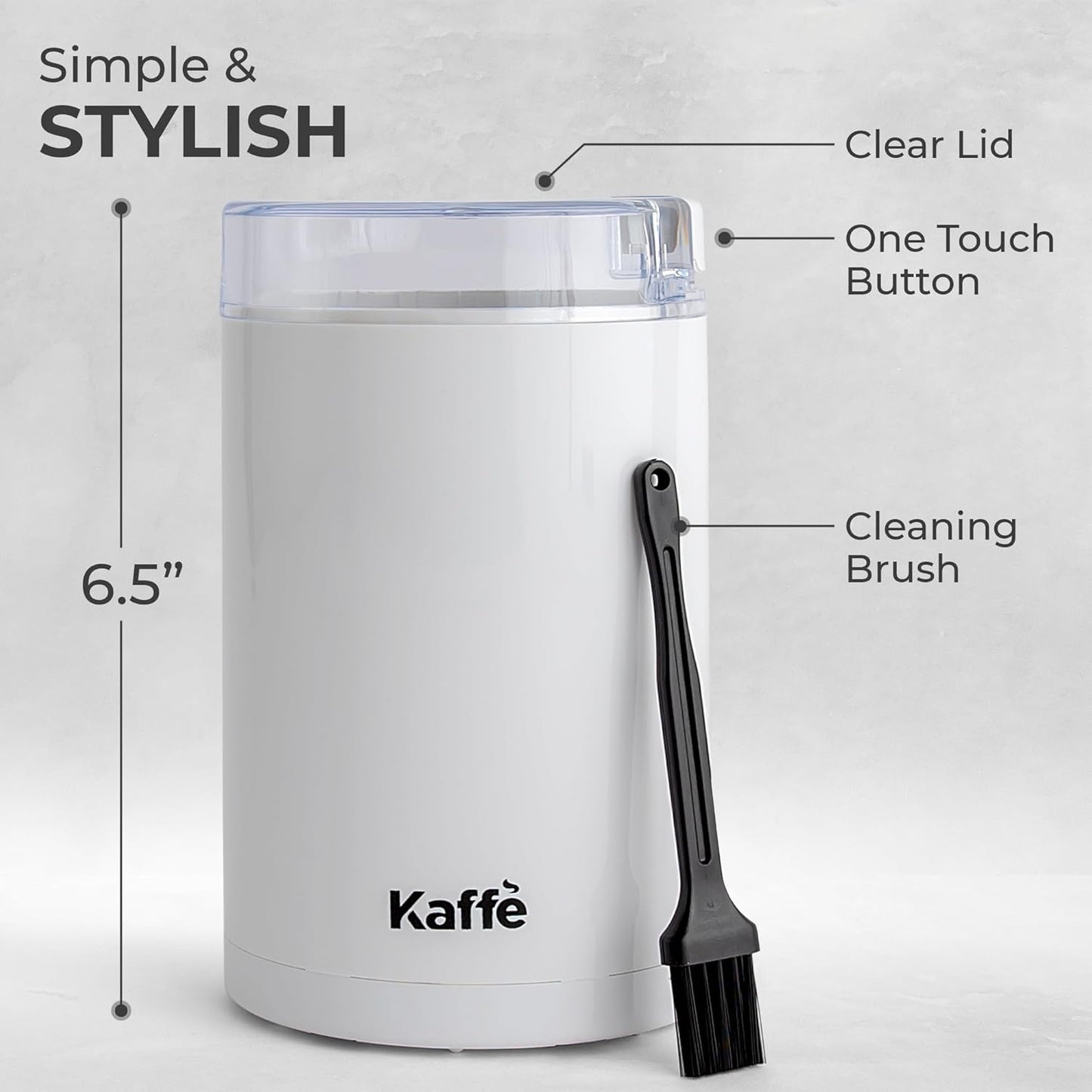 Kaffe One-Touch Coffee Grinder Electric W/Cleaning Brush (3 Oz) - Coffee Grinders for Home Use - up to 12 Cups of Coffee per Grind - Easy On/Off Coffee Bean Grinder - White