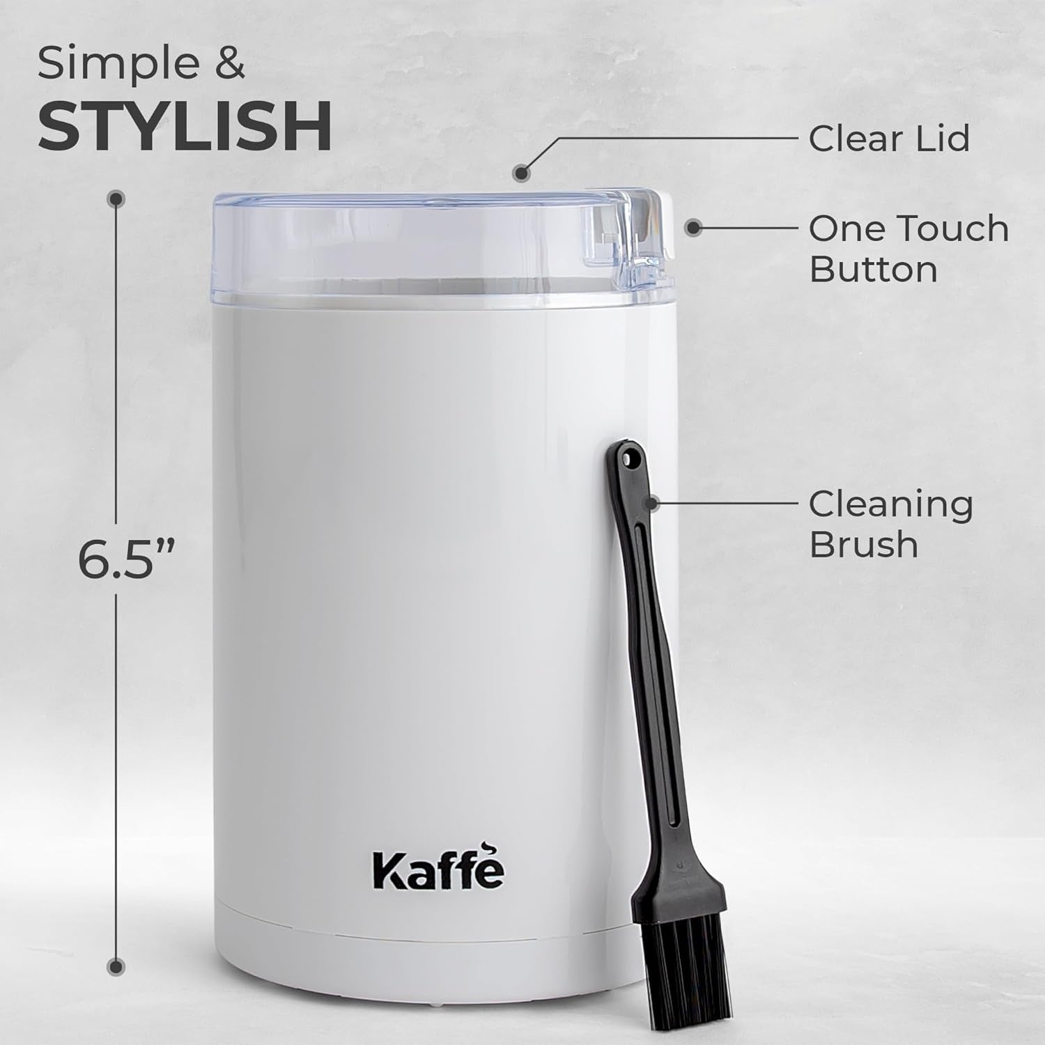 Kaffe One-Touch Coffee Grinder Electric W/Cleaning Brush (3 Oz) - Coffee Grinders for Home Use - up to 12 Cups of Coffee per Grind - Easy On/Off Coffee Bean Grinder - White