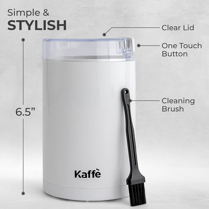Kaffe One-Touch Coffee Grinder Electric W/Cleaning Brush (3 Oz) - Coffee Grinders for Home Use - up to 12 Cups of Coffee per Grind - Easy On/Off Coffee Bean Grinder - White