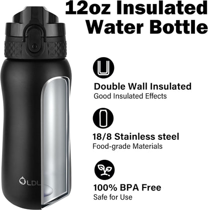 Insulated Water Bottle 12Oz Water Bottles with Straw, Stainless Steel Water Bottle with 2 Lids, Double Wall Vacuum Bottels for Adults Kids, Leak-Proof Sport Bottles for School Travel, Black