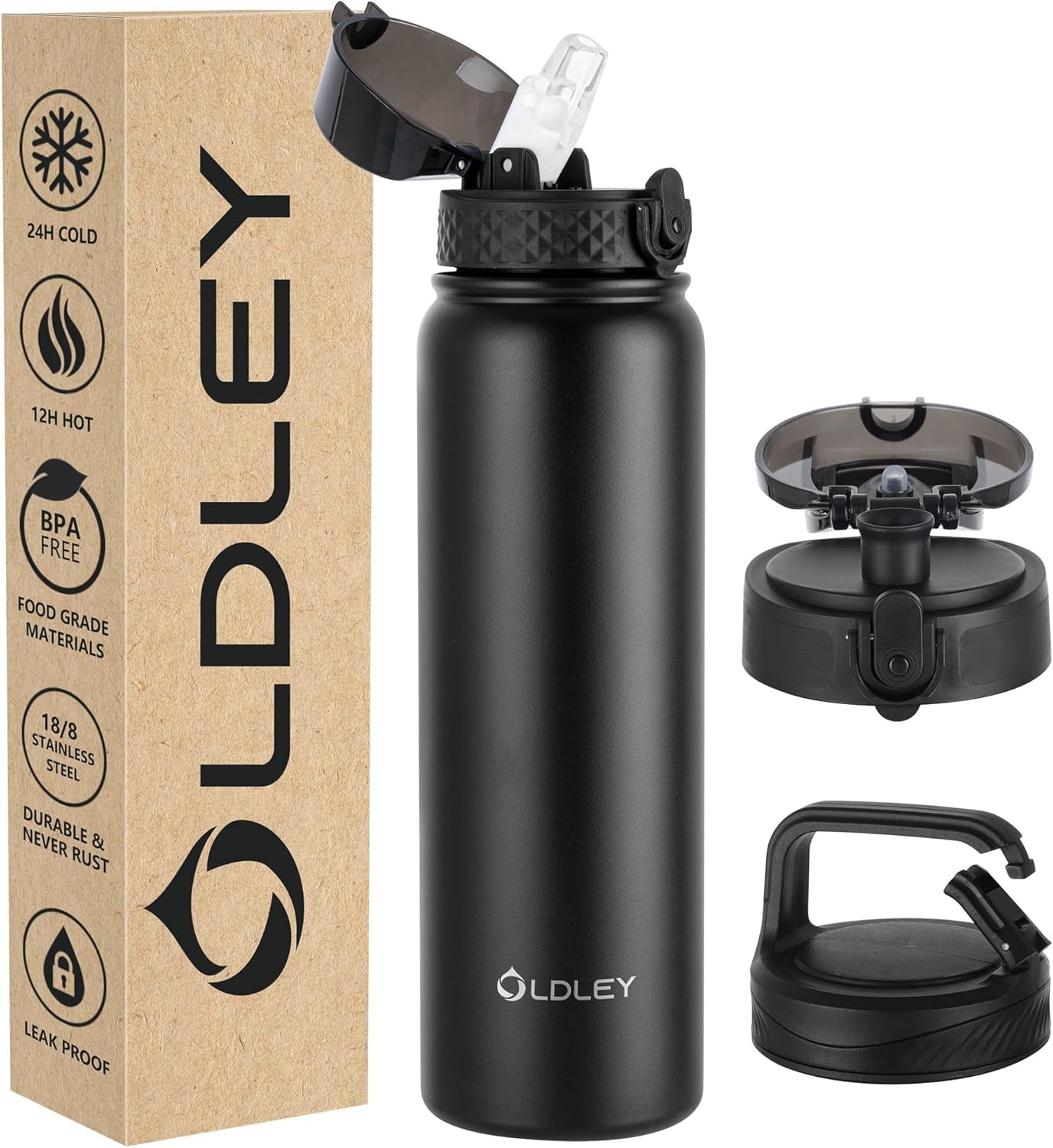 Insulated Water Bottle 12Oz Water Bottles with Straw, Stainless Steel Water Bottle with 2 Lids, Double Wall Vacuum Bottels for Adults Kids, Leak-Proof Sport Bottles for School Travel, Black