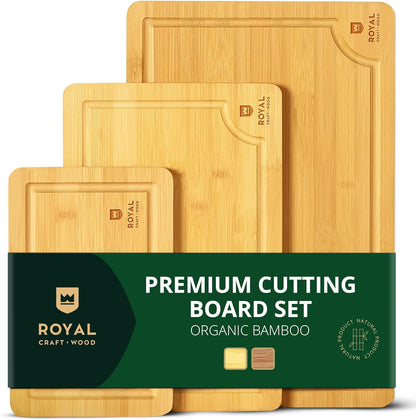 Wooden Cutting Boards for Kitchen Meal Prep & Serving - Bamboo Wood Serving Board Set with Deep Juice Groove Side Handles - Charcuterie & Chopping Butcher Block for Meat
