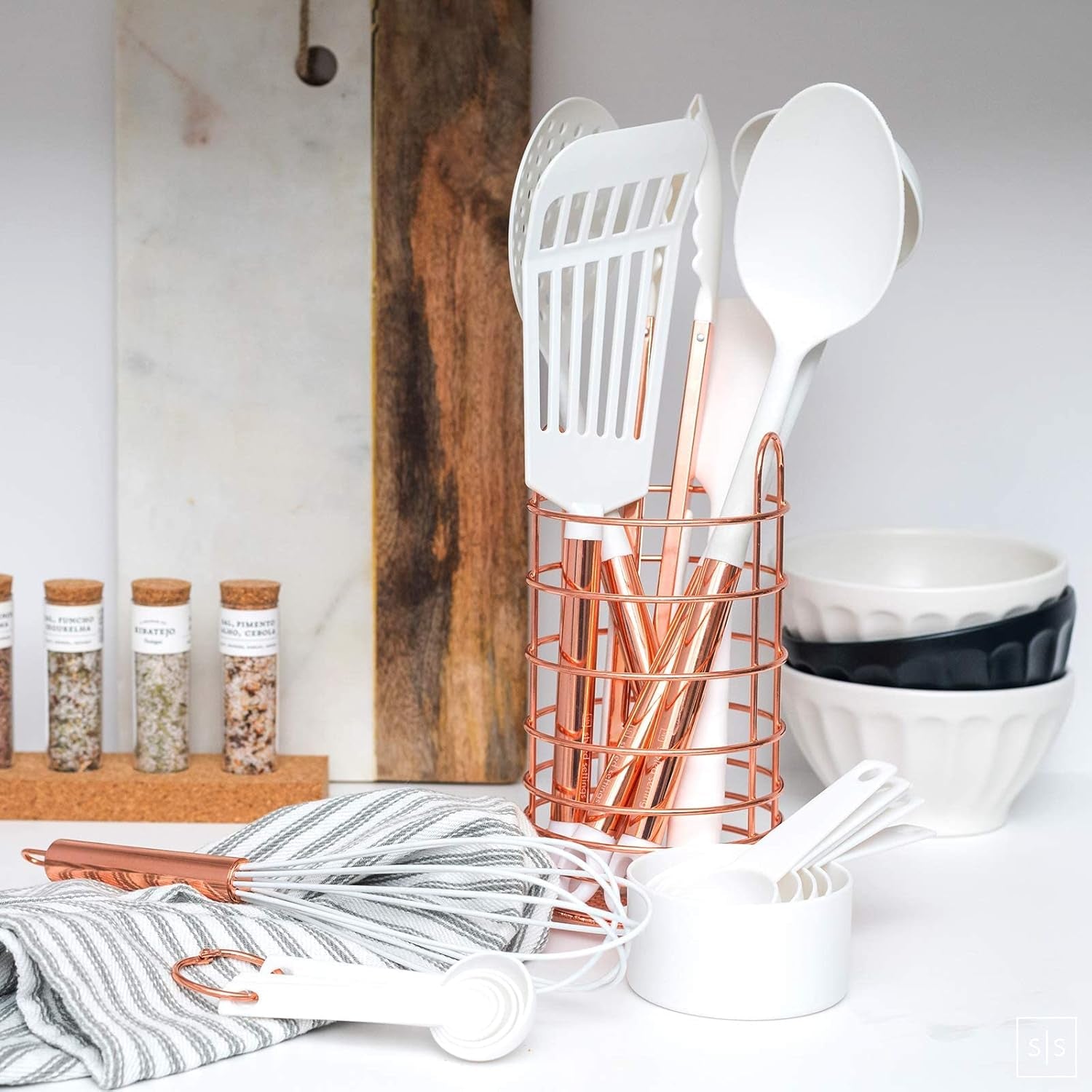 White & Copper Kitchen Utensils - 18 PC Set Includes Utensil Holder, Measuring Cups & Spoons, Rose Gold Accessories