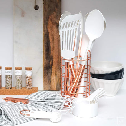White & Copper Kitchen Utensils - 18 PC Set Includes Utensil Holder, Measuring Cups & Spoons, Rose Gold Accessories