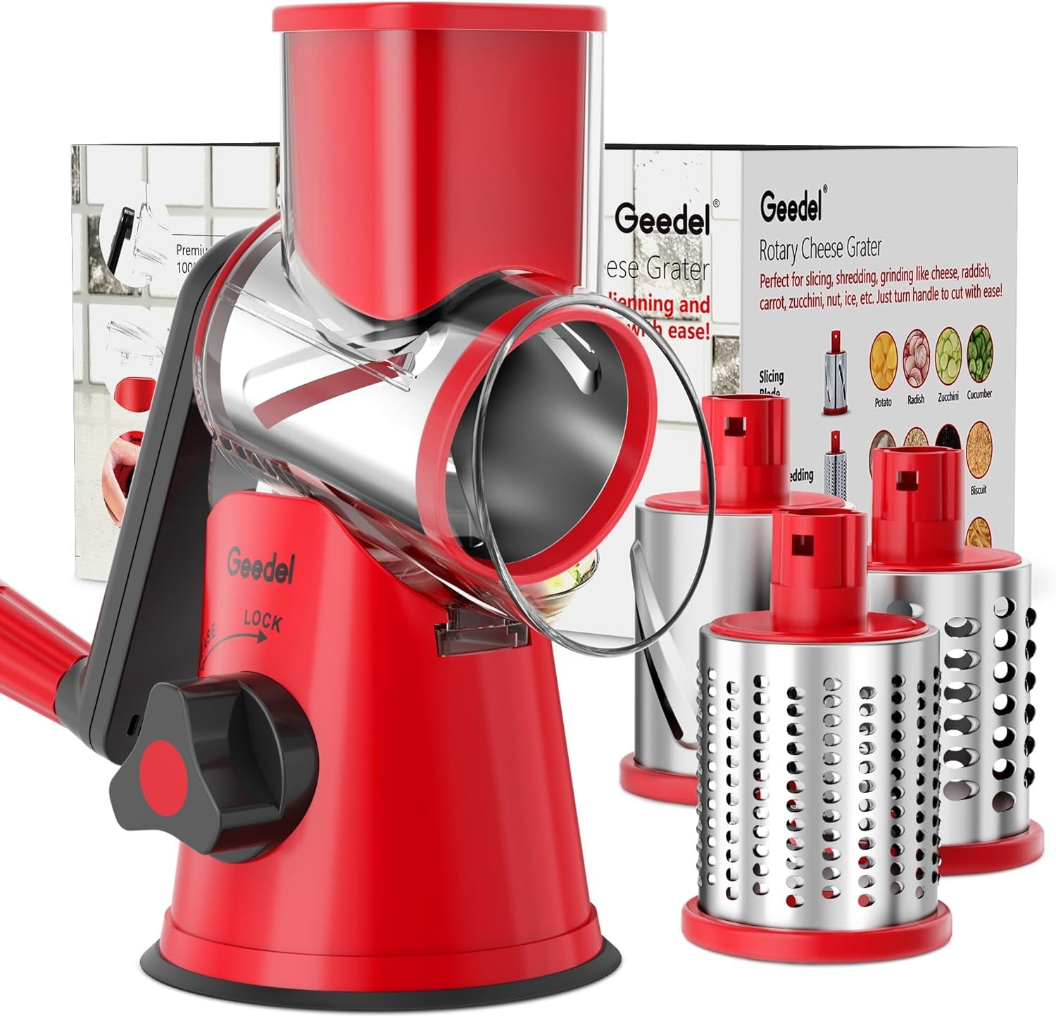 Rotary Cheese Grater, Kitchen Mandoline Vegetable Slicer with 3 Interchangeable Blades, Easy to Clean Rotary Grater Slicer for Cheese, Vegetables, Nuts