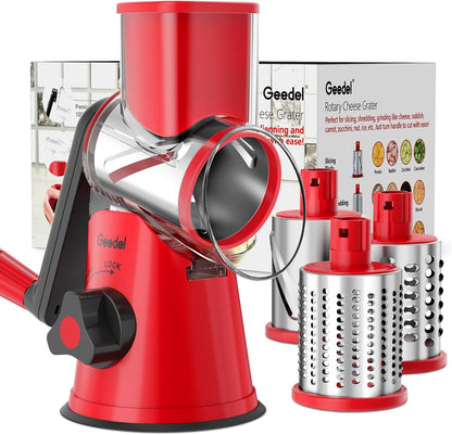 Rotary Cheese Grater, Kitchen Mandoline Vegetable Slicer with 3 Interchangeable Blades, Easy to Clean Rotary Grater Slicer for Cheese, Vegetables, Nuts