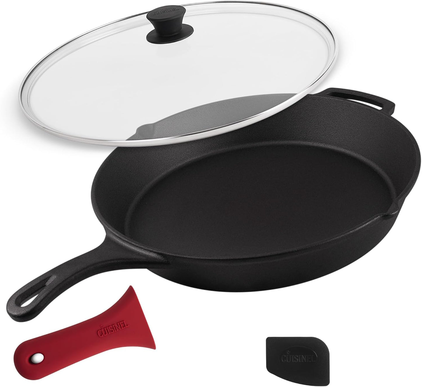 Cast Iron Skillet Set - 10" + 12" Frying Pan + Glass Lids + 2 Handle Cover Grips - Pre-Seasoned Oven Cookware - Indoor/Outdoor Use - Grill, Stovetop, Induction, BBQ, Camping, Fire Use