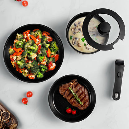 Pots and Pans Set, 6 Pcs Nonstick Pots and Pans with Removable Handle, Space-Saving Cookware Set for RV & Camping, Dishwasher and Oven Safe, Black