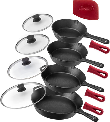 Cast Iron Skillet Set - 10" + 12" Frying Pan + Glass Lids + 2 Handle Cover Grips - Pre-Seasoned Oven Cookware - Indoor/Outdoor Use - Grill, Stovetop, Induction, BBQ, Camping, Fire Use