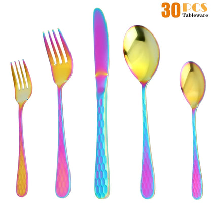 Rainbow Silverware Set,  30-Piece Rainbow Flatware Set for 6, Include Dinner Knives,Dinner Forks,Dinner Spoons,Salad Forks,Teaspoons, Multicolor Elegant Gift