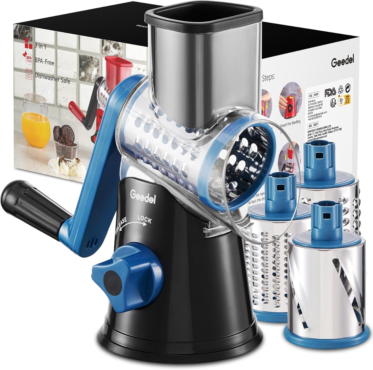 Rotary Cheese Grater, Kitchen Mandoline Vegetable Slicer with 3 Interchangeable Blades, Easy to Clean Rotary Grater Slicer for Cheese, Vegetables, Nuts
