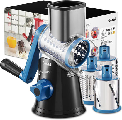 Rotary Cheese Grater, Kitchen Mandoline Vegetable Slicer with 3 Interchangeable Blades, Easy to Clean Rotary Grater Slicer for Cheese, Vegetables, Nuts