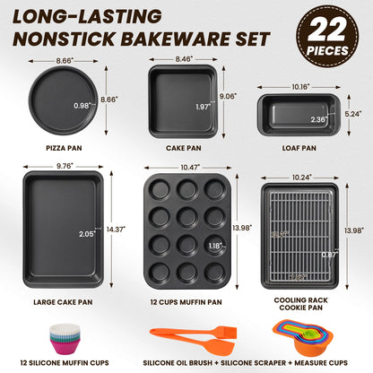 Bakeware Set, 22 Pcs Carbon Steel Non-Stick Baking Pan Set, Baking Sheet for Kitchen, Muffin Pan & Cookie Sheet & Cake Pan, Oven Safe up to 446℉