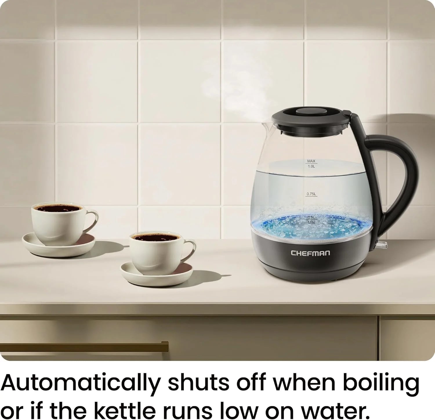 1L Electric Glass Kettle W/ LED Indicator Light, Automatic Shutoff - Black