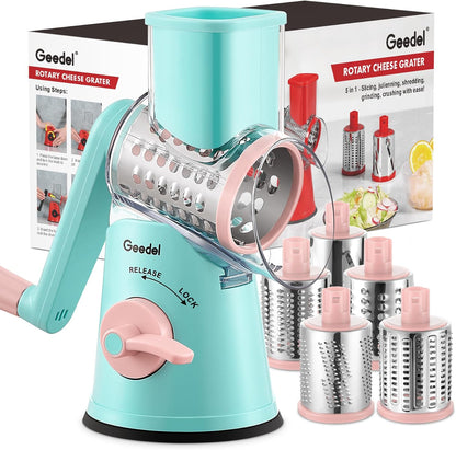 Rotary Cheese Grater, Kitchen Mandoline Vegetable Slicer with 3 Interchangeable Blades, Easy to Clean Rotary Grater Slicer for Cheese, Vegetables, Nuts