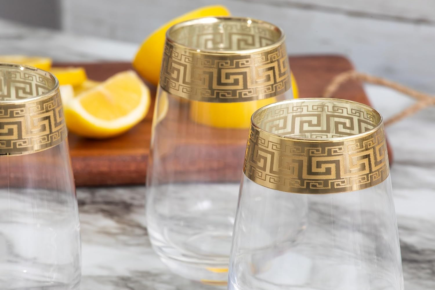 Vintage Glassware Set - 64 Oz Glass Pitcher with Handle and 6 Highball Drinking Glasses 11 Oz - Durable, Thick Glass - Gold Band Rim Design - Perfect for Gifting or Hosting Essentials