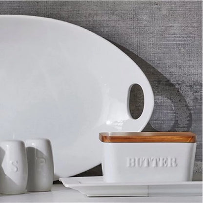 - White and Acacia Wood Porcelain Embossed Butter Dish