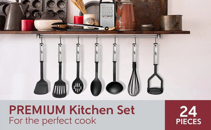 Stainless Steel Cooking Utensil Set, Non-Stick Cookware Set, 24Pc Heat Resistant Nylon Kitchen Accessories, Black